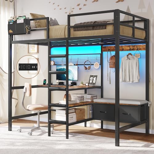 DICTAC Twin Metal Loft Bed with L-Shaped Desk, Storage Shelves, Charging Station and LED Lights, Featuring Coat Rack, Drawers, Staircase and Safety Guardrail, Black