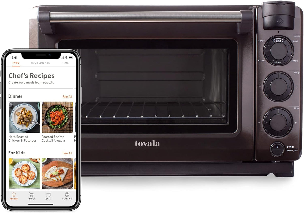 Tovala Gen 2 Smart Steam Countertop Oven in Black & Stainless Steel, Featuring WiFi Smartphone Control, Convection Cooking, and 5 Programmable Modes for Toast, Steam, Bake, Broil & Reheat