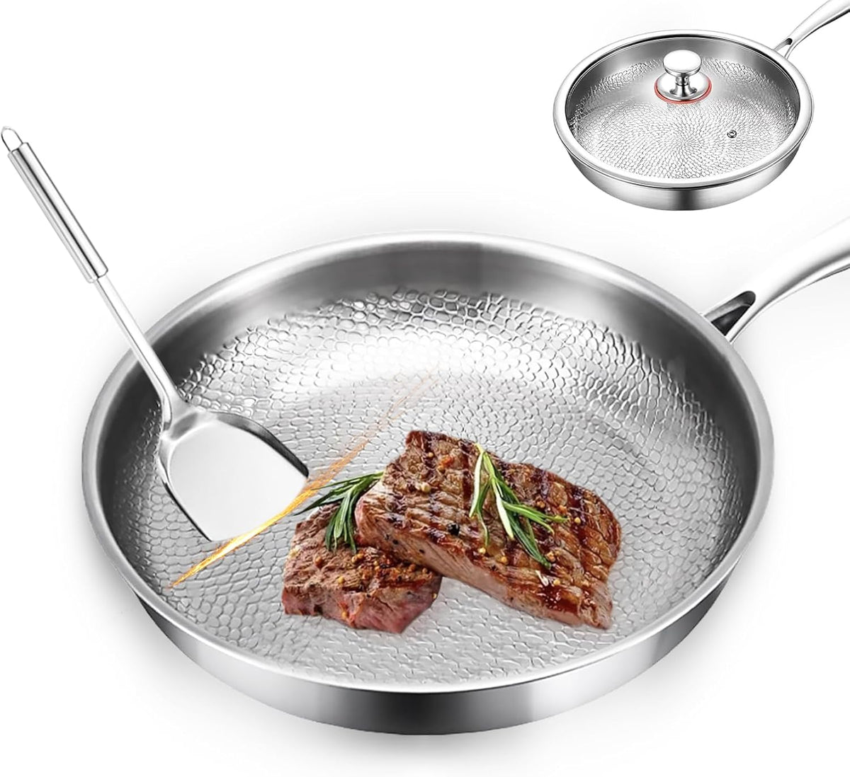 Titancore 10-Inch Pure Titanium Hammered Frying Pan, Naturally Nonstick 100% Titanium Cookware for All Stovetops with Minimum Oil, 10.23in, No Lid