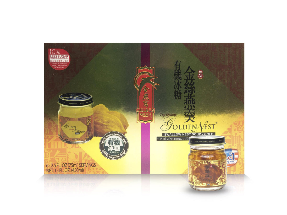Golden Nest Birds (Swallows) Nest Soup with Original Rock Sugar, 1 Box of 6 Bottles, 75ml Each