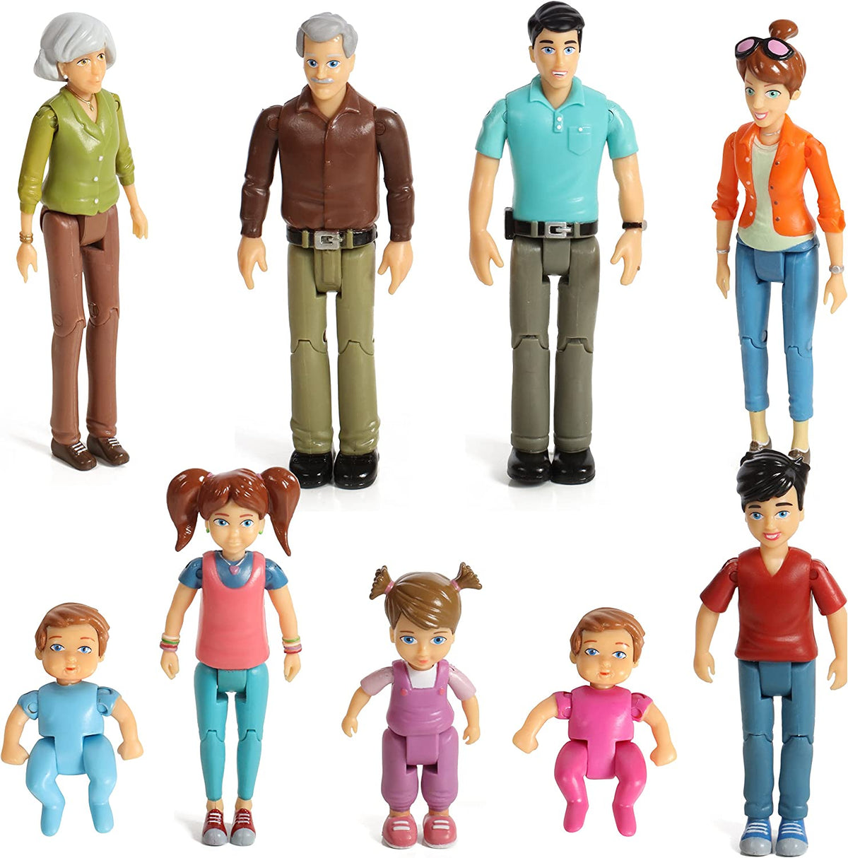 Sweet Lil Family Dollhouse People, Set of 9 Figures Featuring Grandpa, Grandma, Mom, Dad, Sister, Brother, Toddler, Twin Boy and Girl