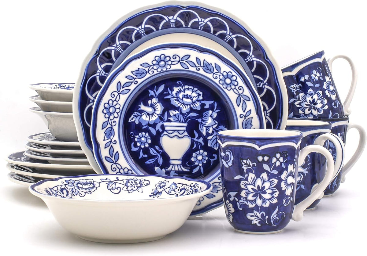 Euro Ceramica Blue Garden 16-Piece Stoneware Dinnerware Set, Oven Safe and Hand Painted, Service for 4, White and Blue Floral Vase Design