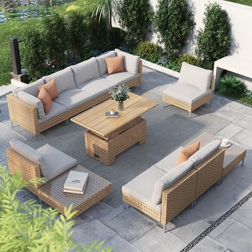 Grand patio 7-Piece Boho Wicker Conversation Set in Cream, Featuring a Sectional Sofa, Water-Resistant Thick Cushions, and Coffee Table