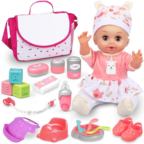 25-Piece Baby Doll Care Playset with 14 Doll Toys, Cradle, High Chair, Milk Bottle, Pacifier and Diaper for Girls and Boys Ages 3, 4, 5, 6+