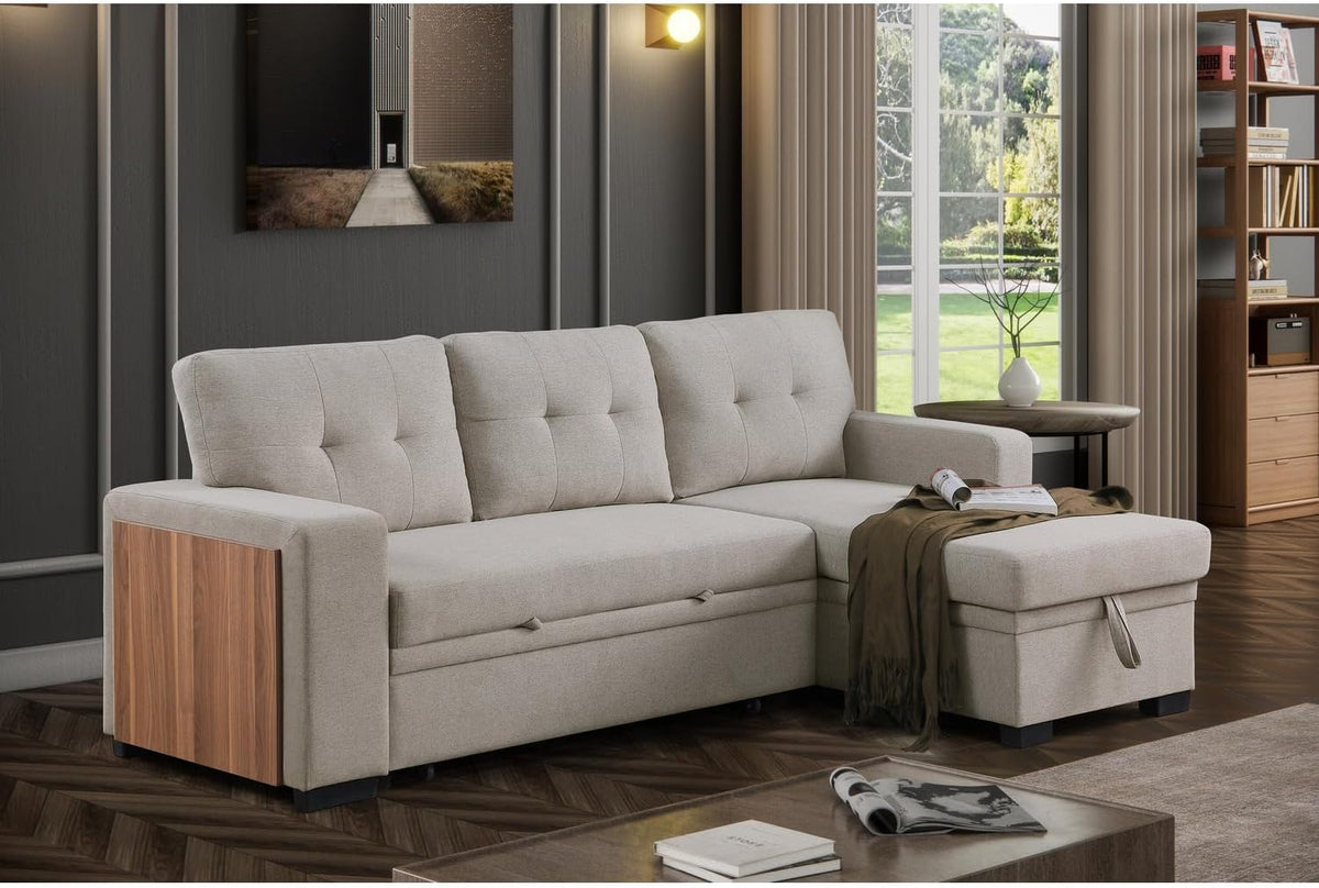 Devion Furniture 92-Inch Modern Reversible L-Shaped Sleeper Sectional Sofa with Chaise, Side Compartment, Polyester Fabric Upholstery and Sleeper Bed, Light Gray
