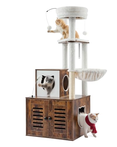 VEVOR 55.12-Inch Cat Tower with Enclosed Litter Box, Multi-Level Condo Design, Perches, Sisal Scratching Posts, and Hammock for Indoor Cats