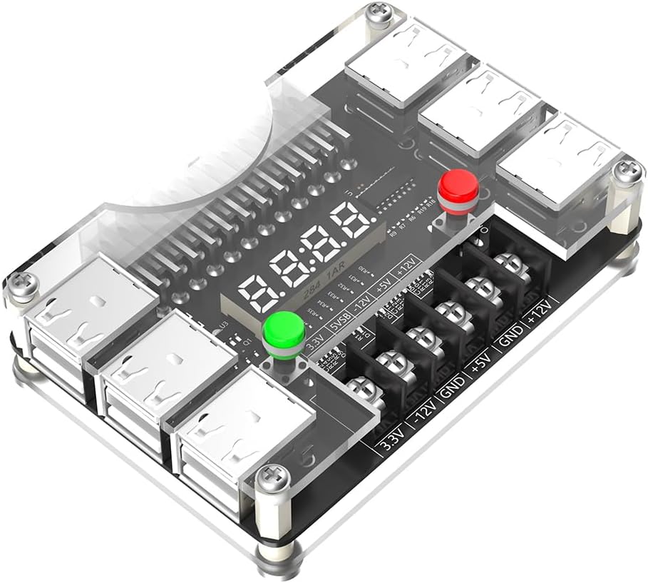 ATX Power Supply Breakout Board with Acrylic Case Kit, 12 USB Ports and 3A Maximum Output, Featuring 3.3V, 5V, 12V, and -12V Outputs