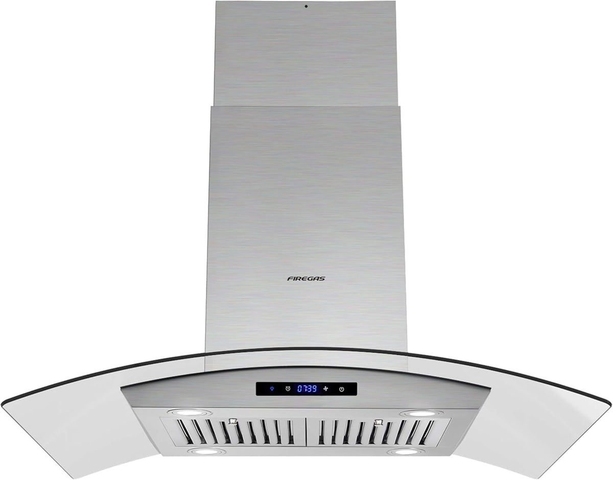 FIREGAS 36-Inch Island Range Hood with 450 CFM Ventilation, Chimney, Tempered Glass, 4 LED Lights, 3-Speed Touch Control, Permanent and Charcoal Filters