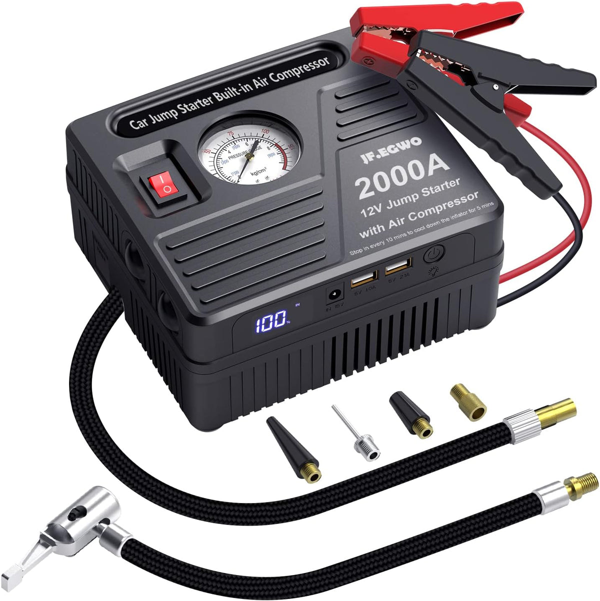 2000 AMP Car Jump Starter with 150 PSI Air Compressor, 20000mAh Li-ion Battery Pack, Built-In 2 USB Ports and 2 LED Lights