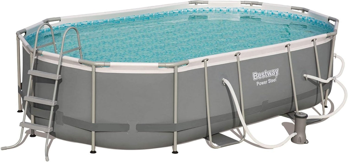 Bestway Power Steel 56655E Above-Ground Swimming Pool Set, 16ft x 10ft x 42in Oval Frame with 1000 GPH Filter Pump, Ladder, and Cover