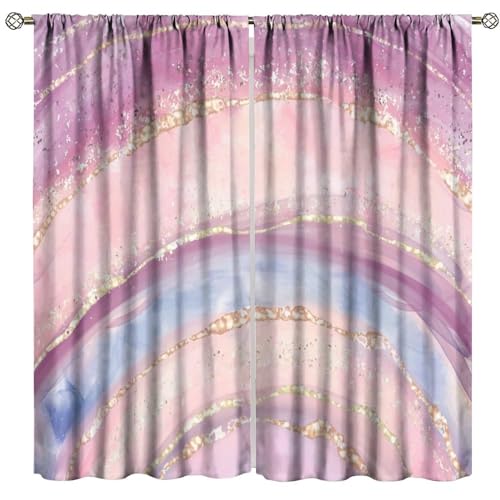 2-Panel Abstract Golden Blue Marble Curtains, 27.5x63in Vintage Art Window Treatment for Living Room or Kitchen