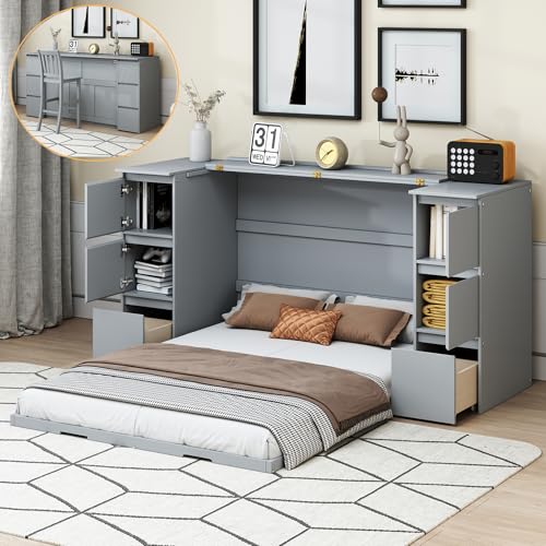 Twin Wall Bed with Wood Cabinet Frame, Charging Station, Outlet, USB Ports and Storage Drawers, Space-Saving Murphy Bed for Home Office or Studio, White