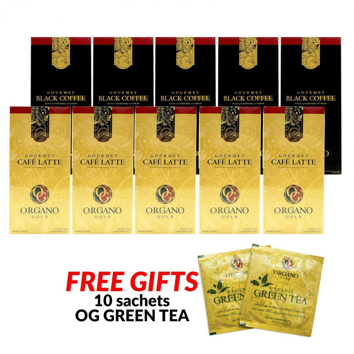 Organo Gold Gourmet Coffee Variety, 10 Boxes with 5 Cafe Latte and 5 Black Coffee
