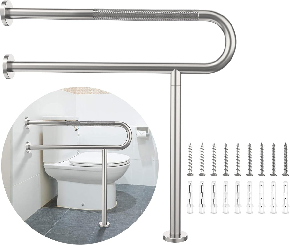 Munzong Toilet Support Rail for Bathroom Safety, 31.3 x 31.5 Inch Satin Brushed Nickel Stainless Steel Grab Bar with Leg, Knurled 1.25?? Tube