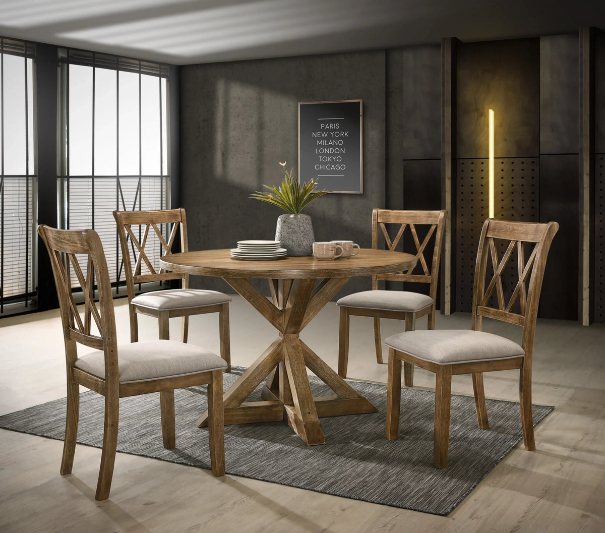 Roundhill Furniture Windvale 5-Piece Dining Set with Cross-Buck Wood Chairs and Table, Tan