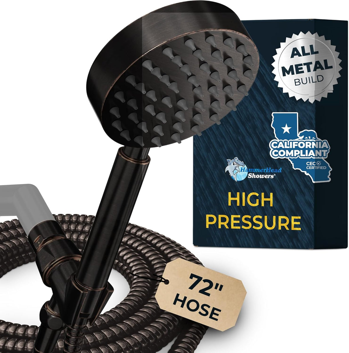 HammerHead Showers Oil Rubbed Bronze Handheld Shower Head with 6ft Hose, Brass Holder, Adjustable Bracket, Detachable Wand, and 1.75 GPM Low-Flow Water Saving Design