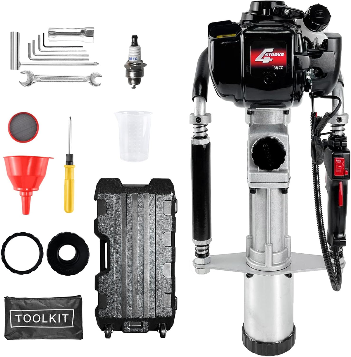 37.7CC 4-Stroke Gasoline T-Post Driver with Air-Cooled Single-Cylinder Engine, 2 Post Driving Heads for Garden Fencing