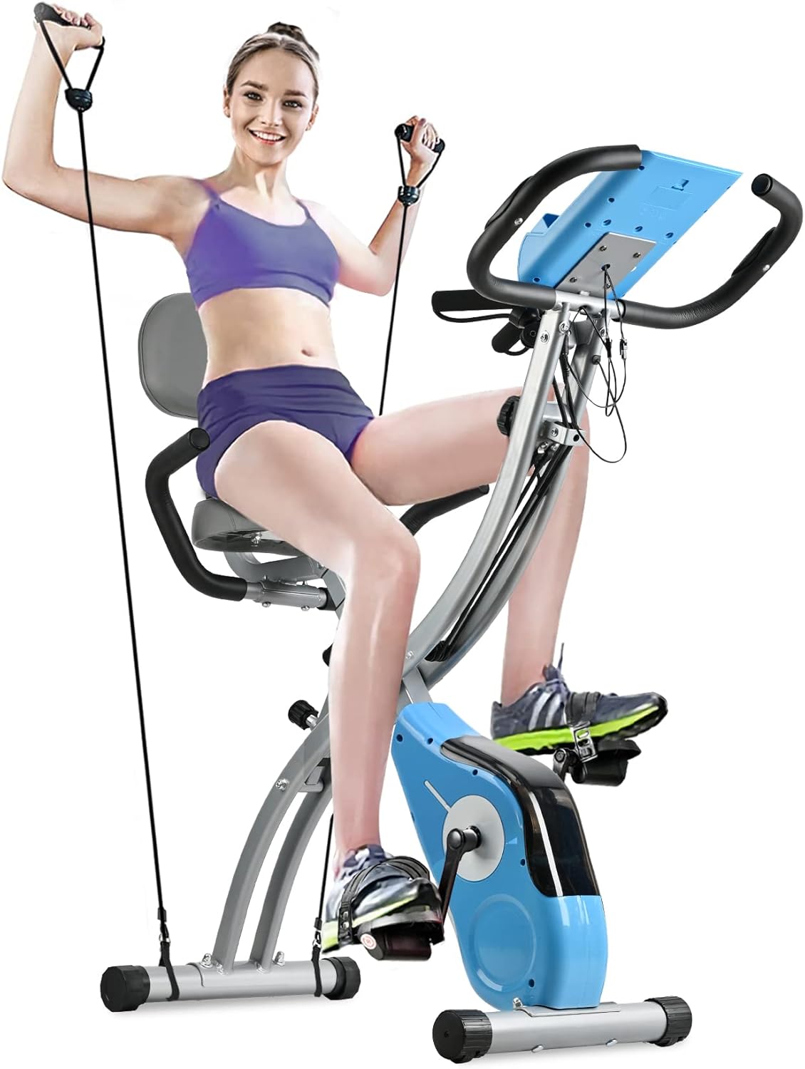 SALEMFIT Folding Magnetic Upright Exercise Bike with LCD Monitor, Pulse Sensor, Phone Holder, Backrest and Front & Back Arm Resistance Bands