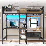 DICTAC Twin Metal Loft Bed with L-Shaped Desk, Storage Shelves, Charging Station and LED Lights, Featuring Coat Rack, Drawers, Staircase and Safety Guardrail, Black