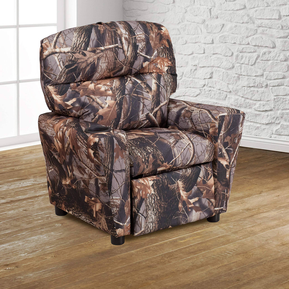 Kids Camouflaged Fabric Recliner from Emma and Oliver, Featuring a Built-In Cup Holder