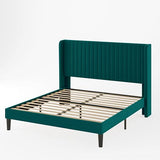 Allewie Queen Velvet Platform Bed with Vertical Channel-Tufted Wingback Headboard, Strong Wooden Slats, No Box Spring Required, Easy Assembly, Black