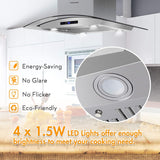 FIREGAS 36-Inch Island Range Hood with 450 CFM Ventilation, Chimney, Tempered Glass, 4 LED Lights, 3-Speed Touch Control, Permanent and Charcoal Filters