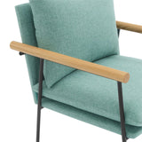 Dutton Armchair with Sage Green Fabric, Natural Wood Arms and Black Sled Base