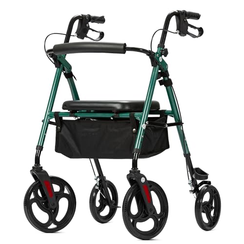 ELENKER Rollator Walker with 10′′ Wheels, Sponge-Padded Seat and Backrest, Fully Adjustable Frame for Seniors, Green