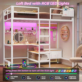 DICTAC Twin Metal Loft Bed with L-Shaped Desk, Storage Shelves, Charging Station and LED Lights, Featuring Coat Rack, Drawers, Staircase and Safety Guardrail, Black