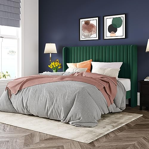 Allewie Queen Velvet Platform Bed with Vertical Channel-Tufted Wingback Headboard, Strong Wooden Slats, No Box Spring Required, Easy Assembly, Black