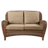 Hampton Bay Beacon Park Outdoor Patio Loveseat with Brown Wicker Frame and Standard Toffee Tan Cushions