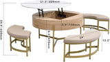 Linique Modern Round Lift-Top Coffee Table with Concealed Storage and 3 Ottomans, White + Black