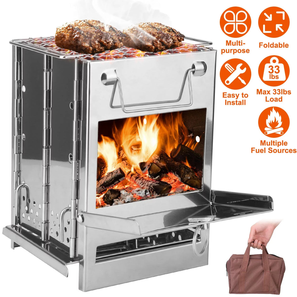 iMounTEK Folding Stainless Steel Wood-Burning Camp Stove with Carry Bag, Portable Mini BBQ and Heating Stove for Backpacking, Hiking, Survival and Outdoor Tents