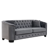 77-Inch Velvet Chesterfield Sofa with Tufted Backrests, Nailhead Arms and 2 Cushions, 3-Seater Living Room Furniture in Grey