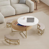 Linique Modern Round Lift-Top Coffee Table with Concealed Storage and 3 Ottomans, White + Black