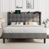 Dark Gray Queen Upholstered Platform Bed with Modern Wingback Storage Headboard, Charging Station and Solid Wood Slats, No Box Spring Required