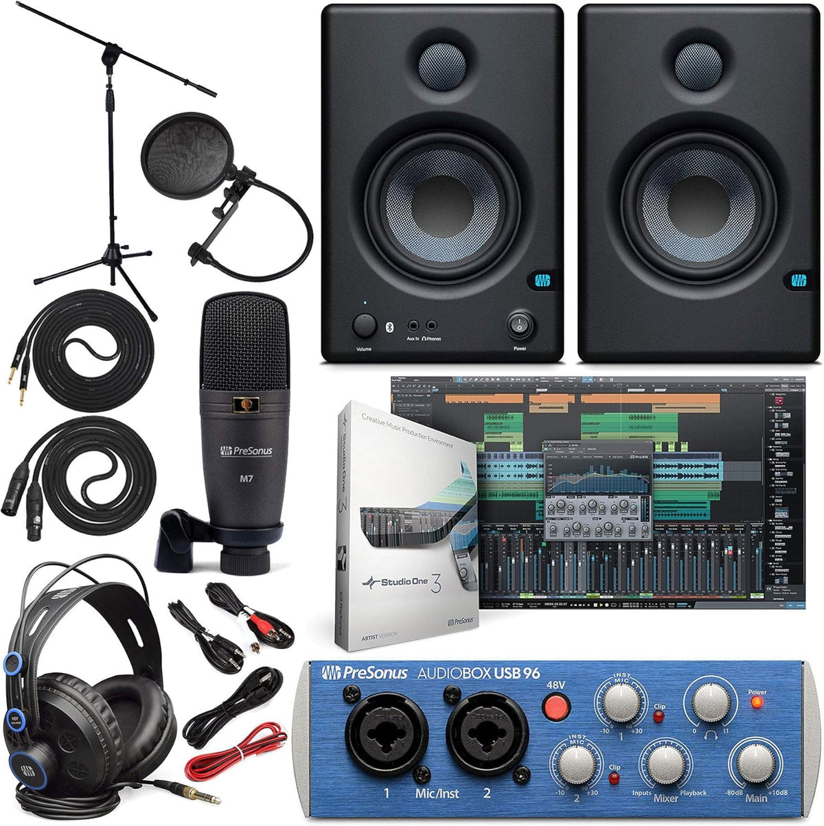 PreSonus AudioBox 96 Studio Recording Bundle with Eris 4.5 BT Bluetooth Monitor Pair, Studio One Artist Software, 1/4-in Instrument Cable, Blue or Black Interface