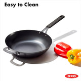 OXO Obsidian 12-Inch Carbon Steel Wok Pan, Pre-Seasoned with Removable Silicone Handle Holder, Induction and Oven Safe, Black