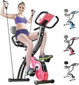 SALEMFIT Folding Magnetic Upright Exercise Bike with LCD Monitor, Pulse Sensor, Phone Holder, Backrest and Front & Back Arm Resistance Bands