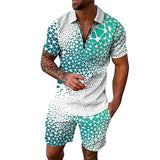 Mens 2-Piece Summer Outfit Set with Printed Short-Sleeve Lapel Shirt & Shorts, Casual Beach Suit