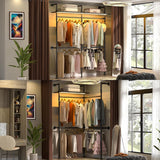 Aheaplus Industrial Pipe Clothing Rack with LED Lights & Shelves, Reversible 79.7in Heavy-Duty Garment Wardrobe for Walk-In Closet, Black