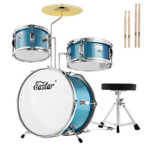 Eastar 3-Piece Kids Drum Set with 14-Inch Bass Drum, Adjustable Throne, Cymbal, Pedal, and 2 Pairs of Drumsticks, Metallic Sky Blue