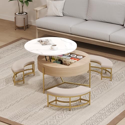 Linique Modern Round Lift-Top Coffee Table with Concealed Storage and 3 Ottomans, White + Black