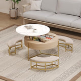 Linique Modern Round Lift-Top Coffee Table with Concealed Storage and 3 Ottomans, White + Black