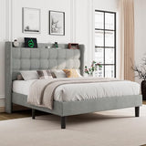 Dark Gray Queen Upholstered Platform Bed with Modern Wingback Storage Headboard, Charging Station and Solid Wood Slats, No Box Spring Required