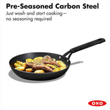 OXO Obsidian 12-Inch Carbon Steel Wok Pan, Pre-Seasoned with Removable Silicone Handle Holder, Induction and Oven Safe, Black