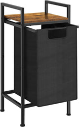 Black Laundry Hamper Basket with Removable Bag and Built-In Brown Wood Shelf