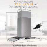 FIREGAS 36-Inch Island Range Hood with 450 CFM Ventilation, Chimney, Tempered Glass, 4 LED Lights, 3-Speed Touch Control, Permanent and Charcoal Filters