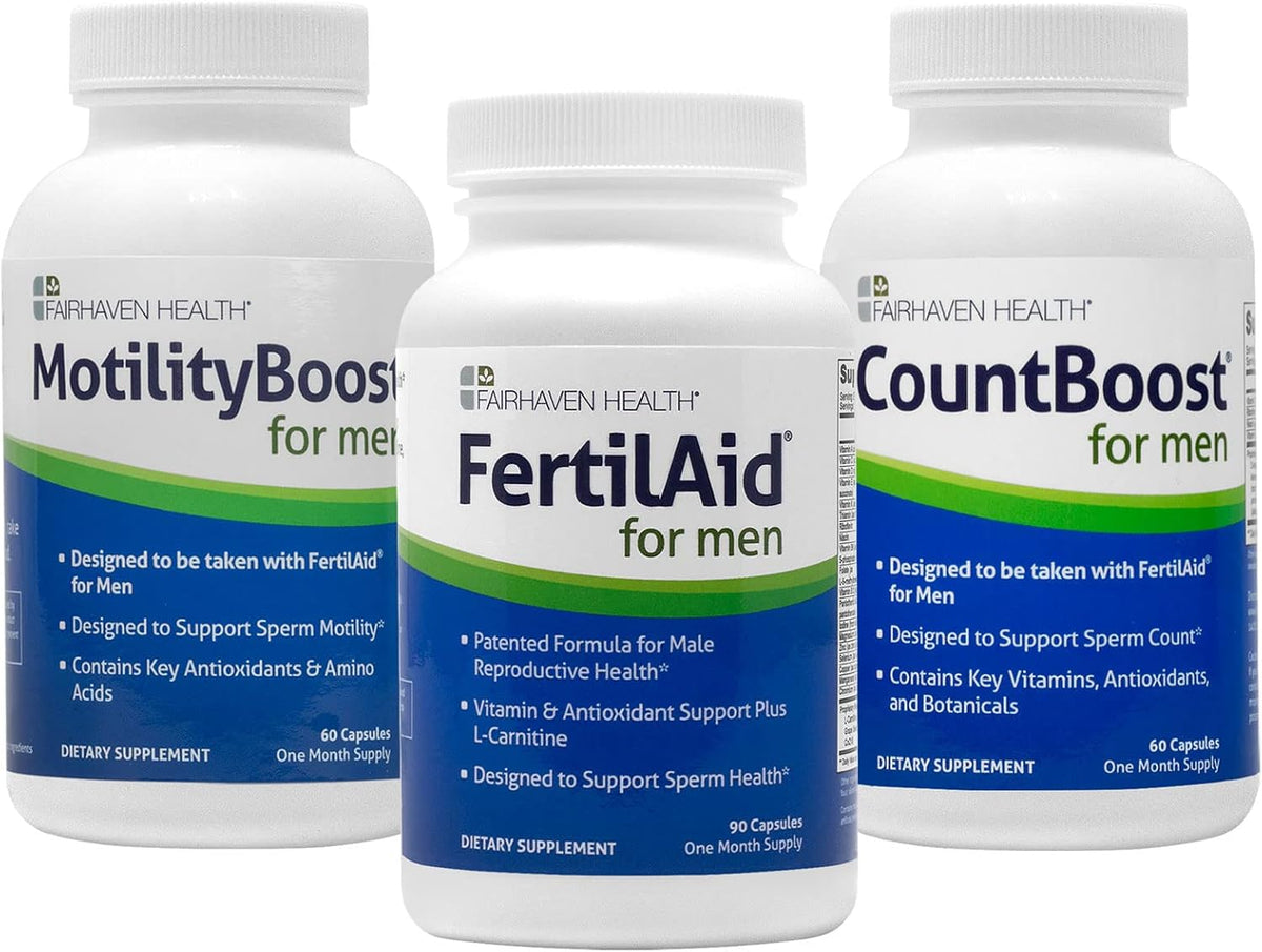 Mens Fertility Supplement Bundle featuring FertilAid, MotilityBoost, and Countboost, with Maca, Ashwagandha, CoQ10, and Zinc for Count, Motility, and Morphology Support