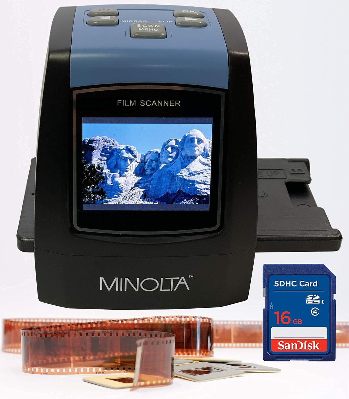 MINOLTA Film and Slide Scanner for 35mm, 126 and 110 Negatives, Slides and Super 8 Films, 22MP JPEG Conversion with 16GB SD Card, Black